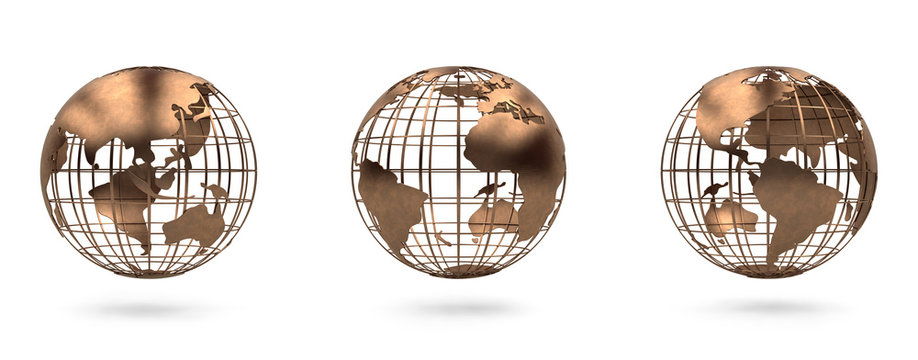 Metal globe view south america and north america, europe, asia, africa. 3d render