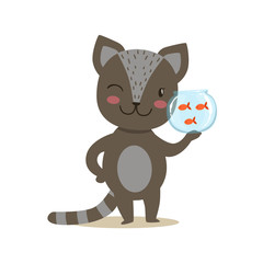 Black Little Girly Cute Kitten Holding Aquarium With Fish, Cartoon Pet Character Life Situation Illustration