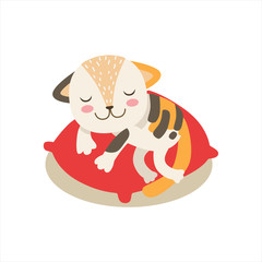 Multicolor Little Girly Cute Kitten Sleeping On A Pillow, Cartoon Pet Character Life Situation Illustration
