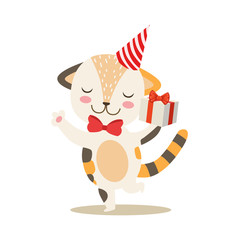 Dancing Little Girly Cute Kitten With Birthday Present Wearing A Party Hat, Cartoon Pet Character Life Situation Illustration