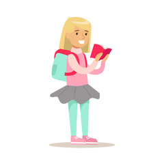 Girl With Backpack Who Loves To Read, Illustration With Kid Enjoying Reading An Open Book