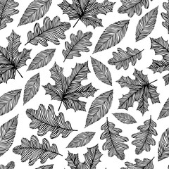 Black and white seamless pattern with hand drawn leaves.