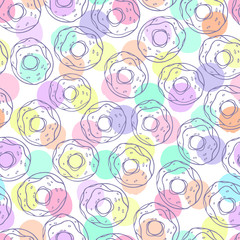 Seamless pattern with donuts on a polka dot background.