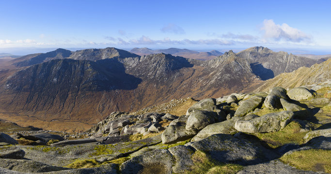 Panoramic view of the Northern Mountains from the top of Goatfell, Isle of Arran, North Ayrshire, Scotland