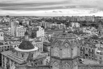 Black and white aerial view of the center of Valencia, Spain, Europe
