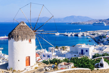 View of Mykonos and the famous windmill from above, Mykonos island, Cyclades, Greece - obrazy, fototapety, plakaty