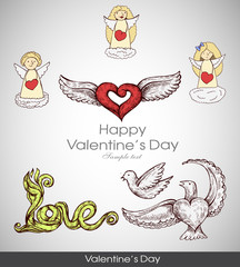 greeting card with Valentine day heart with angels, cupids. Hand-drawn retro stuff. Element Set