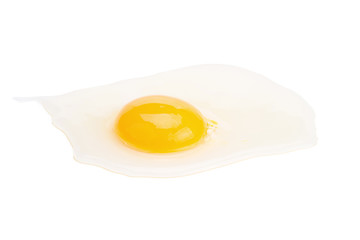 Close up of cracked egg on white background.