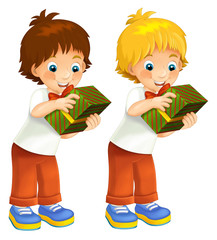 The happy christmas scene with boy holding some present - illustration for children