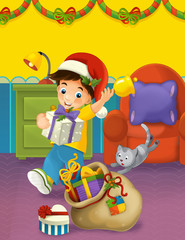Obraz na płótnie Canvas The happy christmas scene with boy holding present - illustration for children