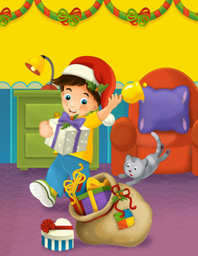 The happy christmas scene with boy holding present - illustration for children