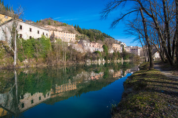 Fototapeta na wymiar Fossombrone (Italy), a town with river bridge in Marche region 