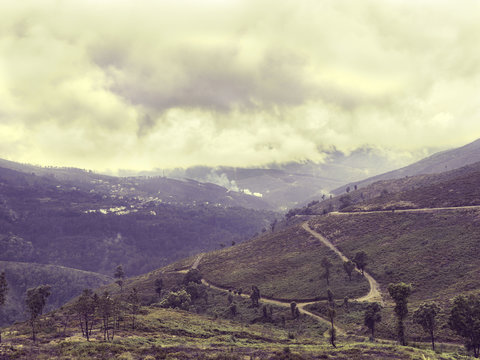 Fototapeta Nature Northern Portugal fields and mountains in fog. Atmospheric Photo