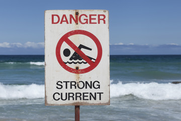 Dangerous currents sign at Bondi Beach in Sydney, Australia