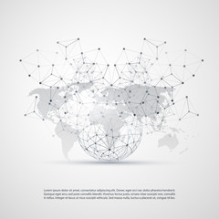 Cloud Computing and Networks Concept with World Map - Global Digital Network Connections, Technology Background, Creative Design Template with Transparent Geometric Grey Wire Mesh 