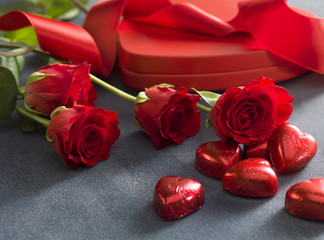 Gift box with red roses and chocolates. Valentines Day concept