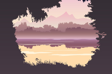 Landscape with a lake. Flat color landscape. Vector illustration