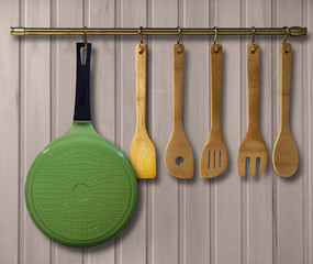 Kitchen brass utensils, chef accessories.