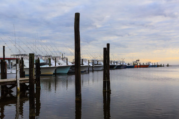 Oregon Inlet NC bay area with fishing boats, sound and marshes a