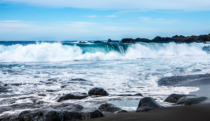 Playa la Arena black volcanic sand beach, Tenerife, Canary islands, Spain