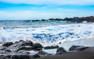 Playa la Arena black volcanic sand beach, Tenerife, Canary islands, Spain