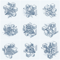 Isometric abstract backgrounds with linear dimensional shapes, v