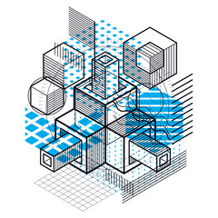 Isometric abstraction with lines and different elements, vector