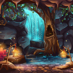 Vector cartoon illustration of a magical waterfall