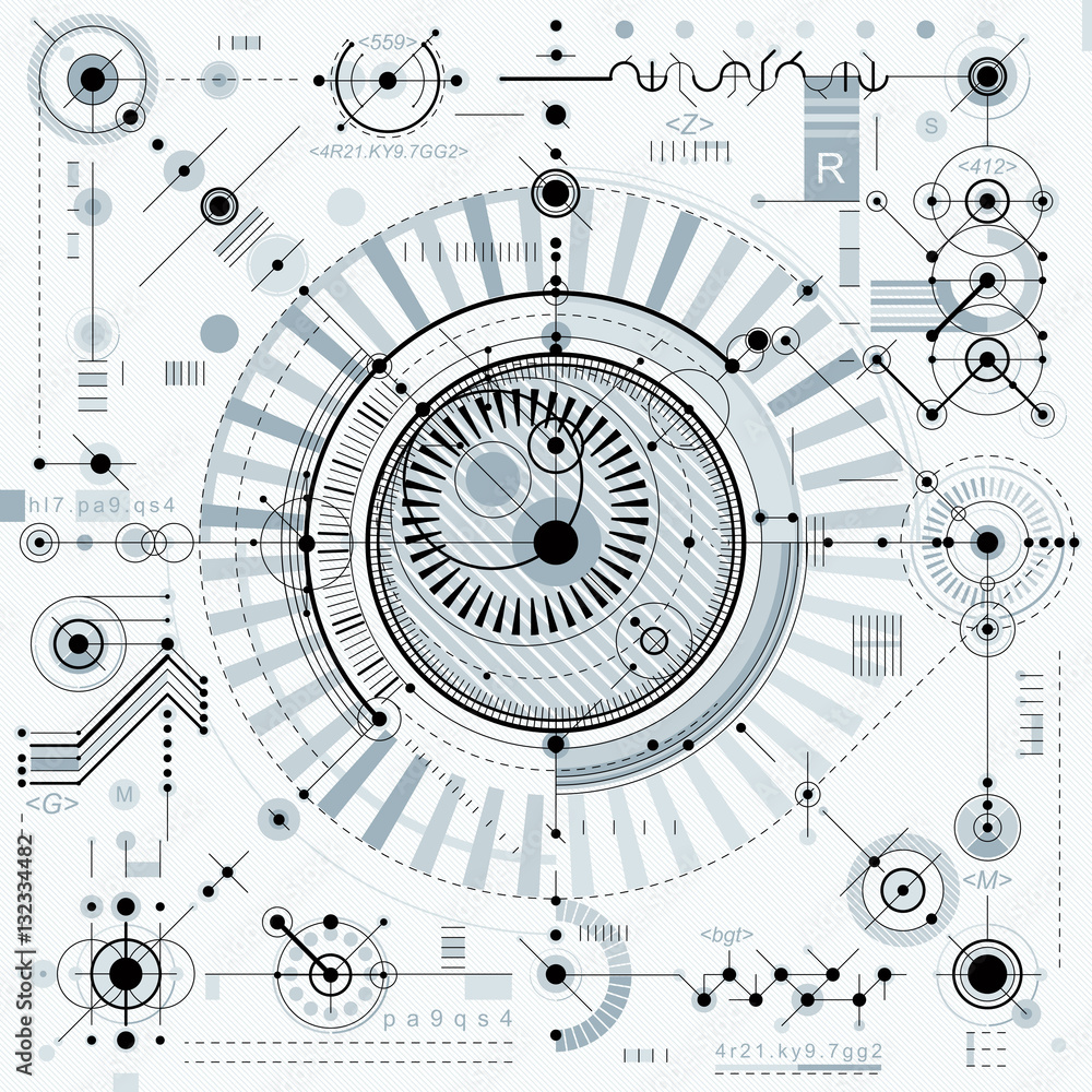 Poster technical drawing with dashed lines and geometric shapes, vector