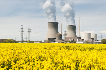 Nuclear power plant with yellow field and big blue clouds in Ger