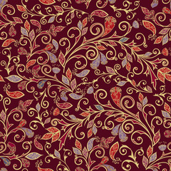 Vector abstract pattern with tree branches, items of Paisley, leaves and flowers.