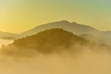 Mountain Mist in sunrise,mist on sunrise,mist over mountain during sunrise