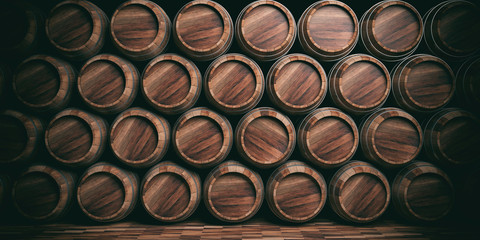 Wooden barrels background. 3d illustration