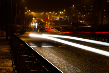City at night, long exposure of headlights and taillights, Legnica, Poland
