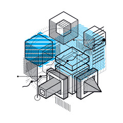Isometric abstraction with lines and different elements, vector