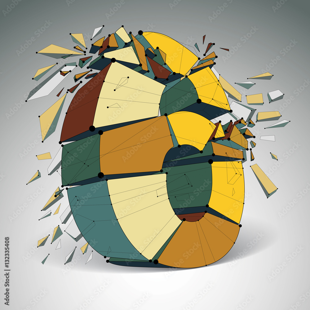 Poster abstract 3d faceted colorful number 6 with connected black lines