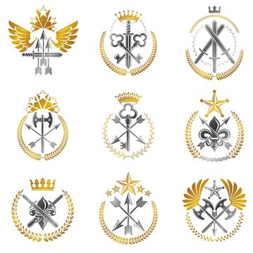 Vintage Weapon Emblems set. Heraldic Coat of Arms decorative emb