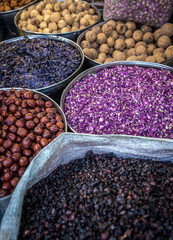Stand with dried fruits and herbs at Grand Bazaar in Tehran, capital of Iran