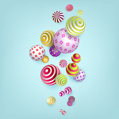 3d multicolored geometric collage of flying balls and other three-dimensional figures. Modern business design. Abstract decorative festive background. Vertical composition. Vector illustration. 