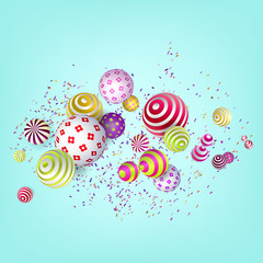 3d multicolored geometric collage of flying balls and other three-dimensional figures. Modern business design. Abstract decorative festive background. Horizontal composition. Vector illustration.

