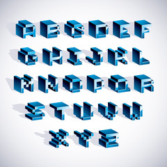 Cybernetic 3d alphabet letters, pixel art vector digital typescr