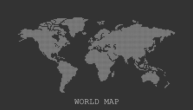 Dotted Blank White World Map Isolated On Black Background. World Map Vector Template For Website, Infographics, Design. Flat Earth World Map With Round Dots Illustration.