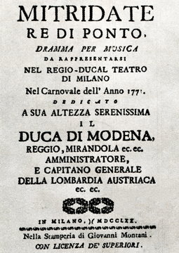 Title page of Mozart's opera "Mitridate, re di Ponto" (Mithridates, King of Pontus) (1770)