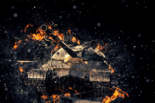Tank blazing fire. Military conflict