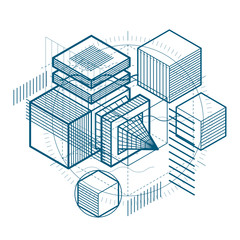 3d abstract vector isometric background. Layout of cubes, hexago