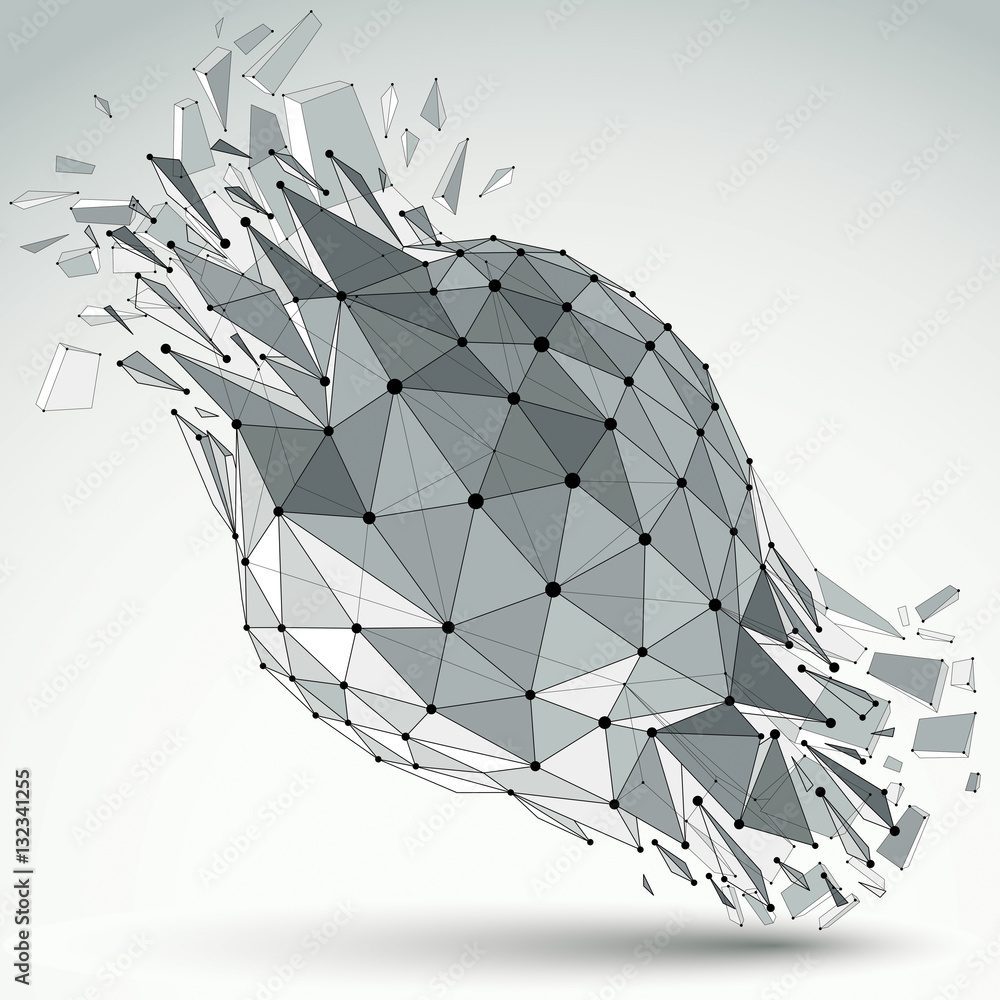 Poster 3d vector digital wireframe object broken into different particl