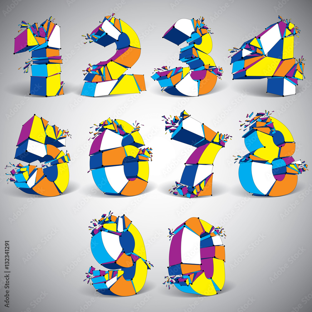 Poster set of abstract 3d faceted colorful numbers with connected black