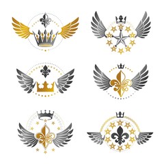 Ancient Crowns and Military Stars emblems set. Heraldic vector d