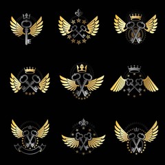 Old Turnkey Keys emblems set. Heraldic vector design elements co