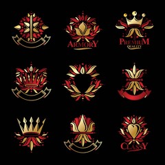 Fototapeta premium Royal symbols, Flowers, floral and crowns, emblems set. Heraldic